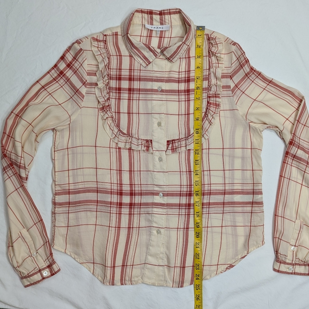 FRAME Plaid Ruffle Button‑Down Shirt Red/Cream Size M - Picture 10 of 10